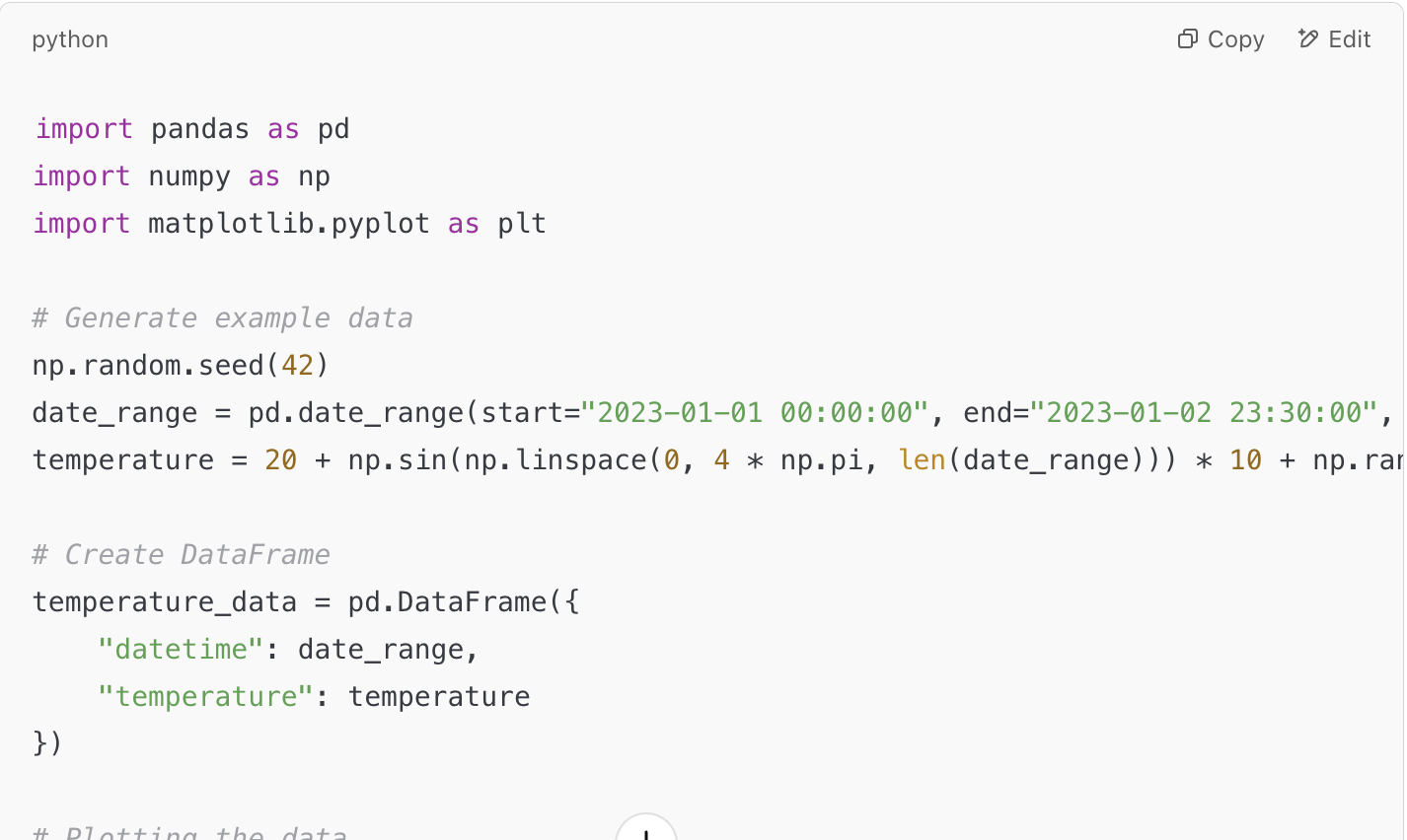chatGPT output of a prompt saying write code to plot halfhourly temperature data using python.