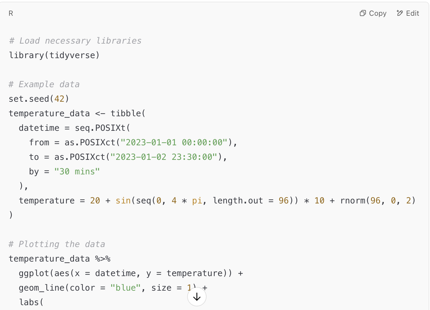 chatGPT output of a prompt saying write code to plot halfhourly temperature data using R with tidyverse syntax.