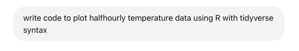 Screenshot of a prompt to chatGPT saying write code to plot halfhourly temperature data using R with tidyverse syntax.